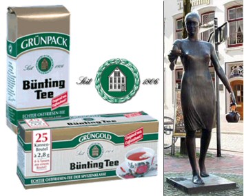 Торговый дом Buenting. Знаменитые зеленые пачки, логотип и девушка с чайником у здания компании.